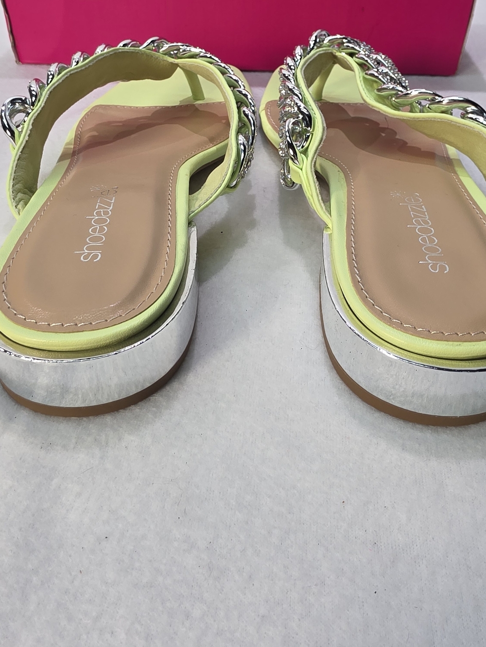 Shoe Dazzle Neon Lime Jeweled Chain Thong Mules - Women's - Picture 6 of 7